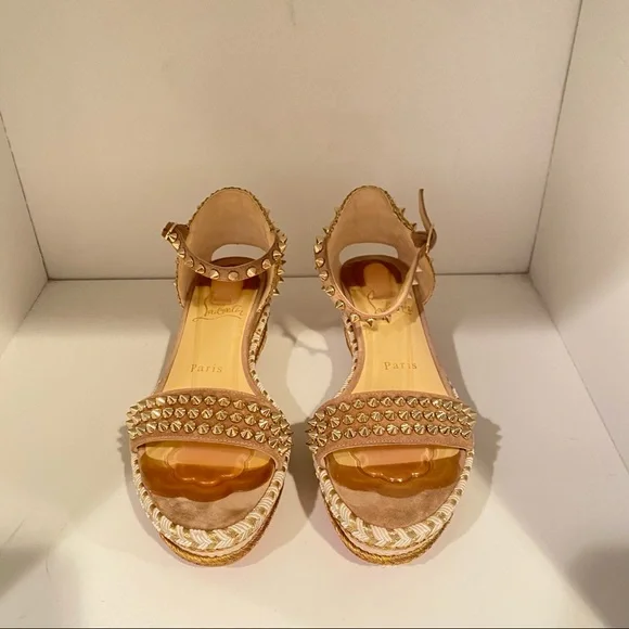 ❤️ Sold Christian louboutin Madmonica Espadrilles Wedge Sandals Spike Gold - Picture 11 of 14